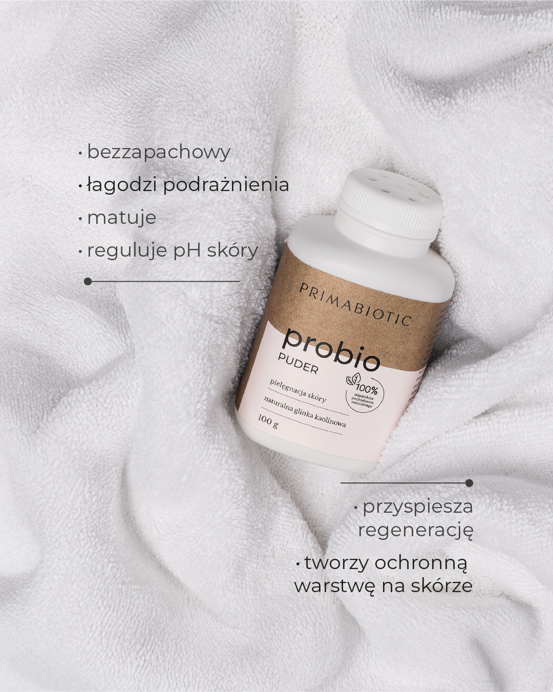 Puder probio Primabiotic z glinką kaolinową łagodzący podrażnienia, regulujący pH skóry i wspierający regenerację