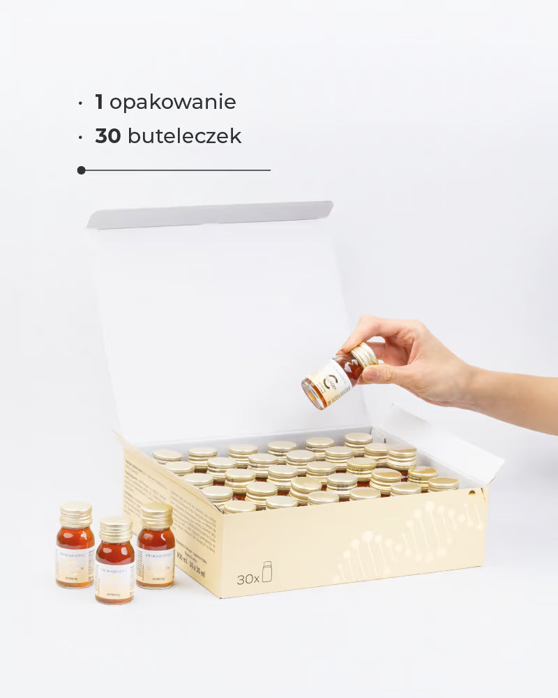 Opakowanie Primabiotic Collagen 30 buteleczek kolagenu do picia na miesiąc suplementacji