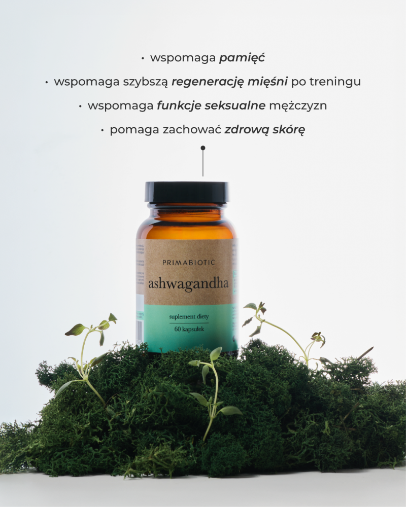 ashwagandha właściwości - wspomaga pamięć, wspomaga szybszą regenerację mięśni po treningu, wspomaga funkcje seksualne, pomaga zachować zdrową skórę