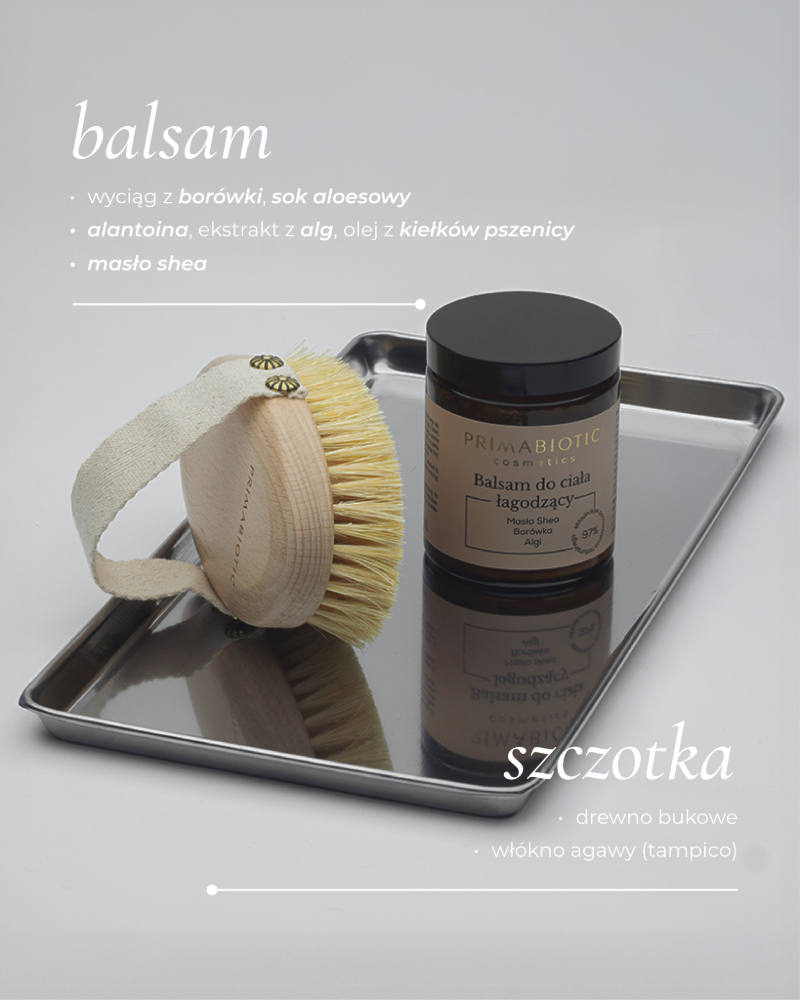 Balsam do ciała Primabiotic łagodzący z masłem shea oraz szczotka do masażu na sucho z włóknem agawy