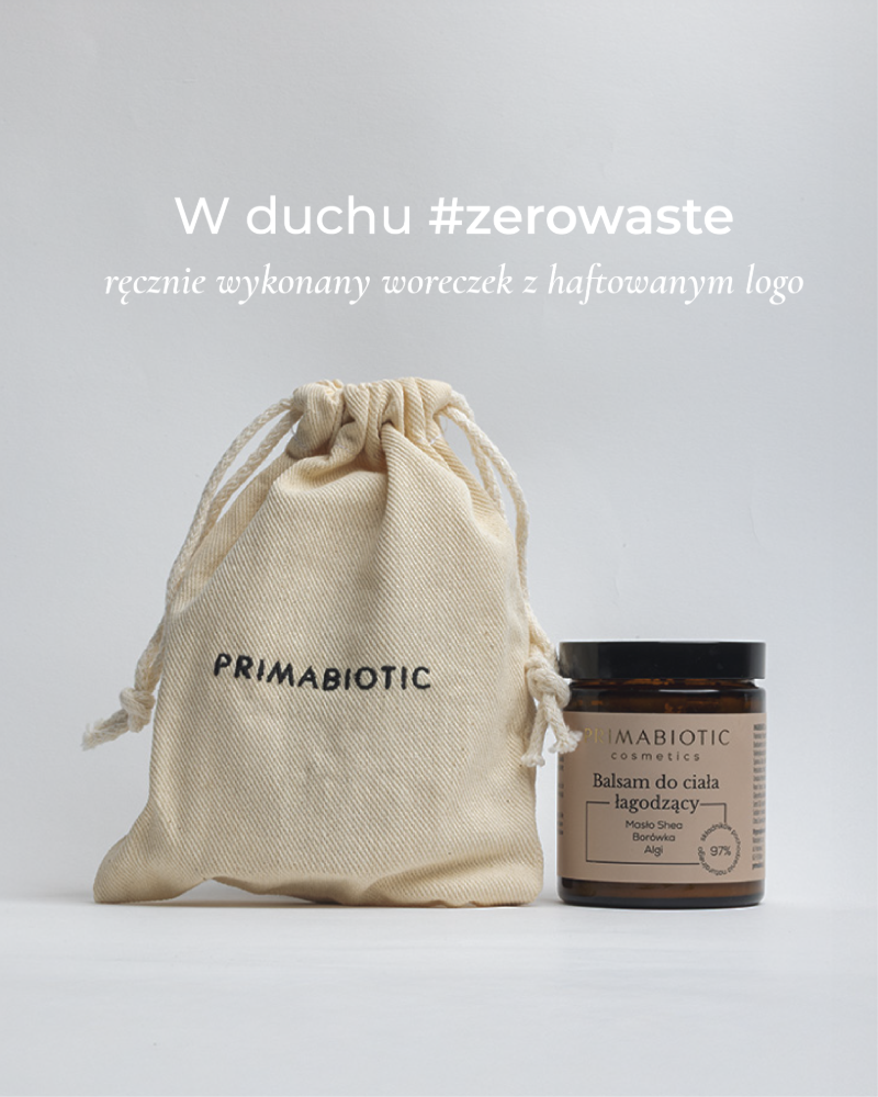 Łagodzący balsam do ciała z masłem shea z ręcznie wykonanym woreczkiem z haftowanym logo Primabiotic