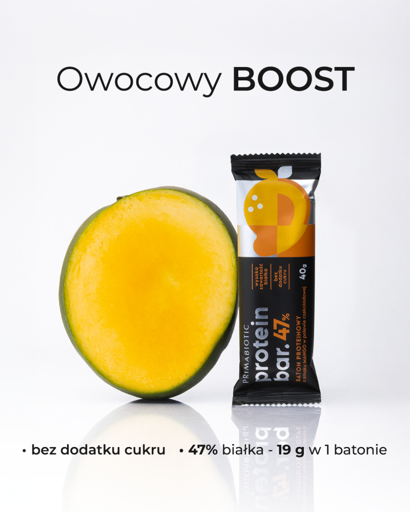 Baton proteinowy Primabiotic protein bar 47% o smaku mango bez dodatku cukru z wysoką zawartością białka