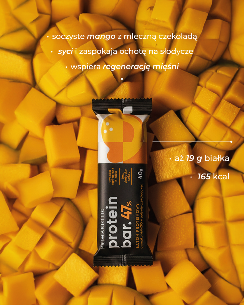 Baton proteinowy Primabiotic 47% o smaku mango z czekoladą wspierający regenerację mięśni i uzupełnienie białka