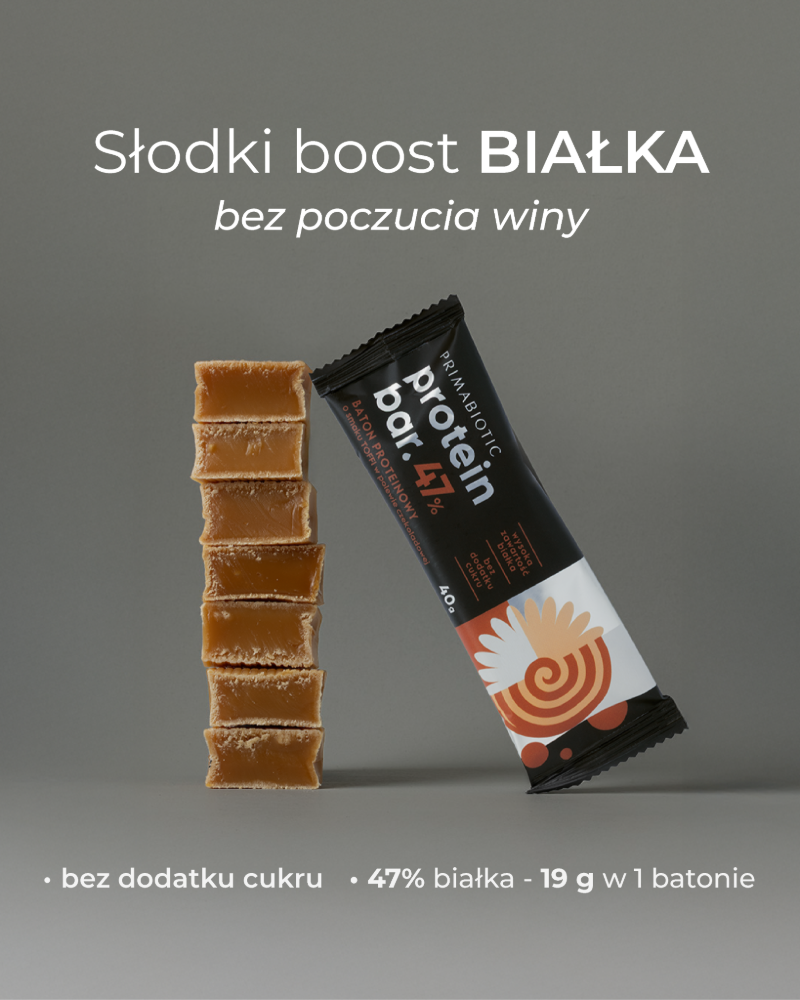 Baton proteinowy Primabiotic 47% białka bez dodatku cukru jako zdrowa i słodka przekąska