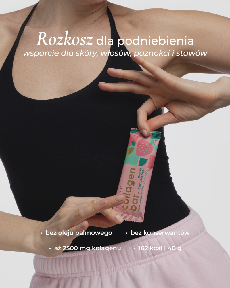 Baton kolagenowy truskawkowy Primabiotic z informacjami o właściwościach i składnikach