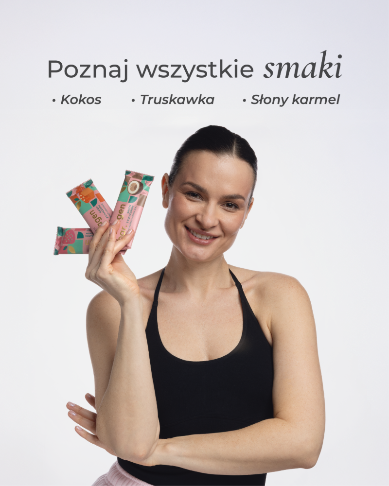Modelka trzymająca w dłoni 3 smaki batonów z kolagenem: truskawka, kokos, słony karmel