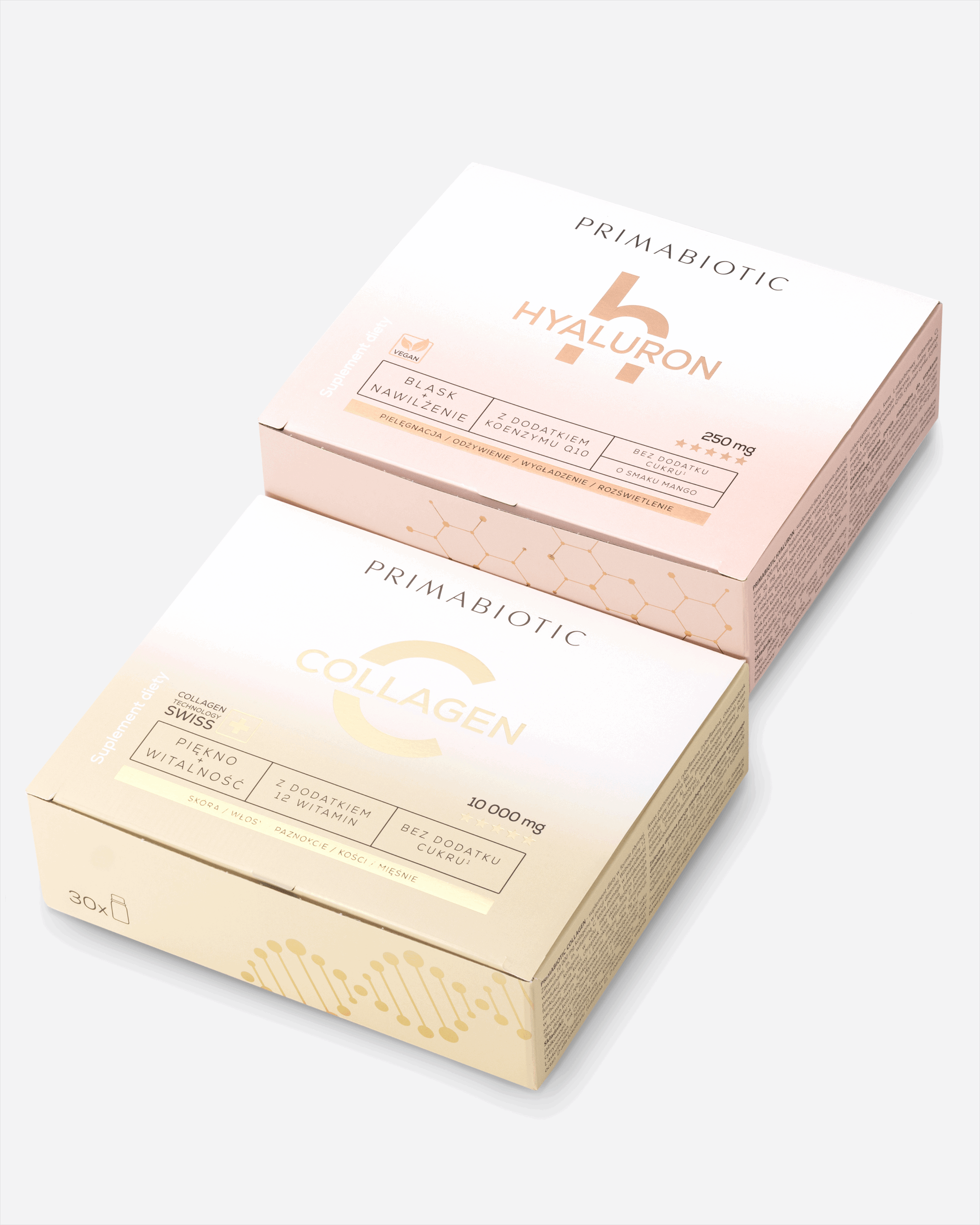 Opakowania Primabiotic Collagen i Primabiotic Hyaluron.