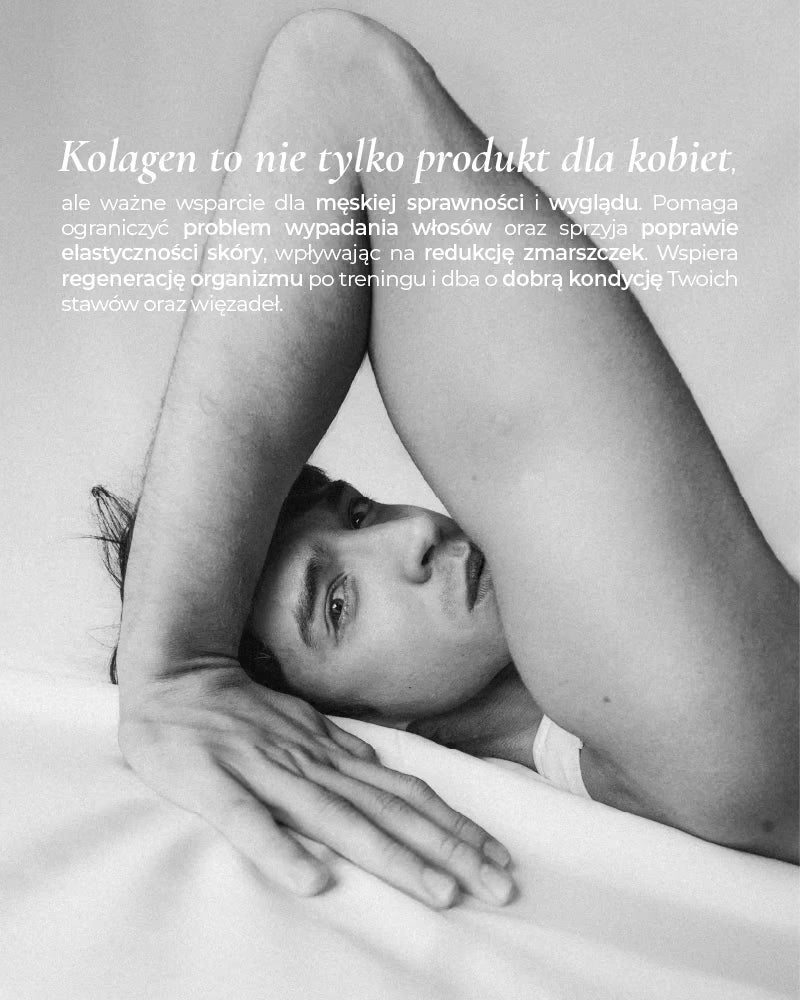 Młody mężczyzna leży pokazując efekty suplementacji koleganu do picia dla mężczyzn na włosy, skórę i regenerację po treningu