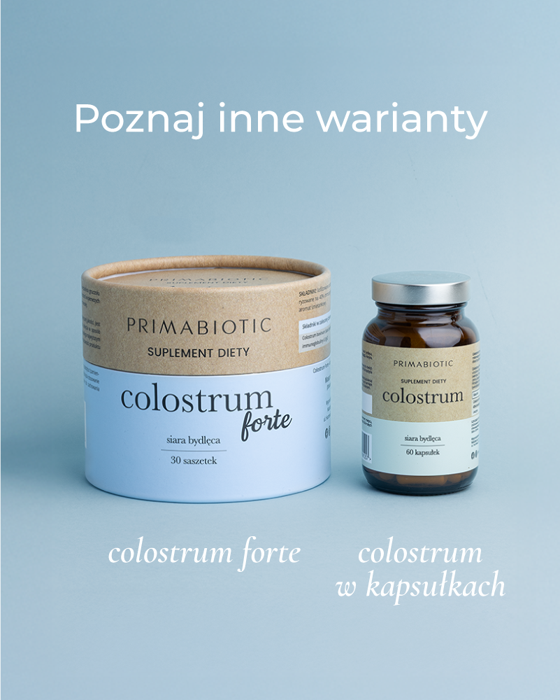 Colostrum Primabiotic w 2 wariantach: colostrum forte w saszetkach i colostrum w kapsułkach