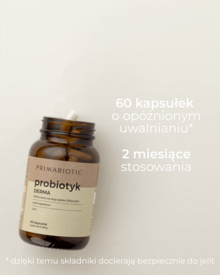 Probiotyk Derma Primabiotic 60 kapsułek o opóźnionym uwalnianiu na 2 miesiące stosowania wspierający skórę