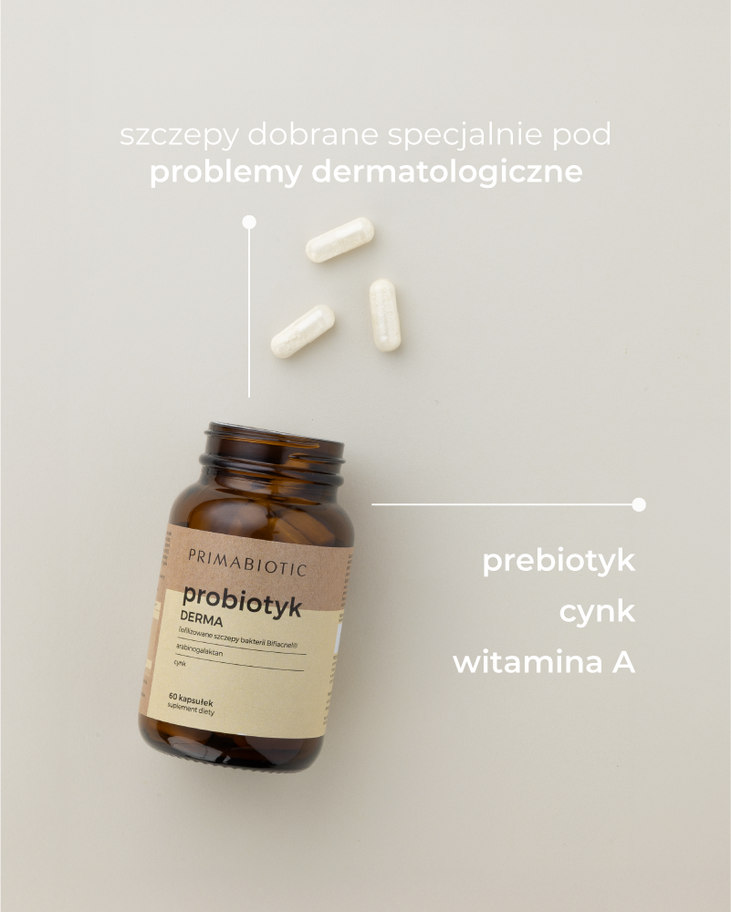 Probiotyk Derma Primabiotic z cynkiem, witaminą A i prebiotykiem wspierający skórę i mikrobiom