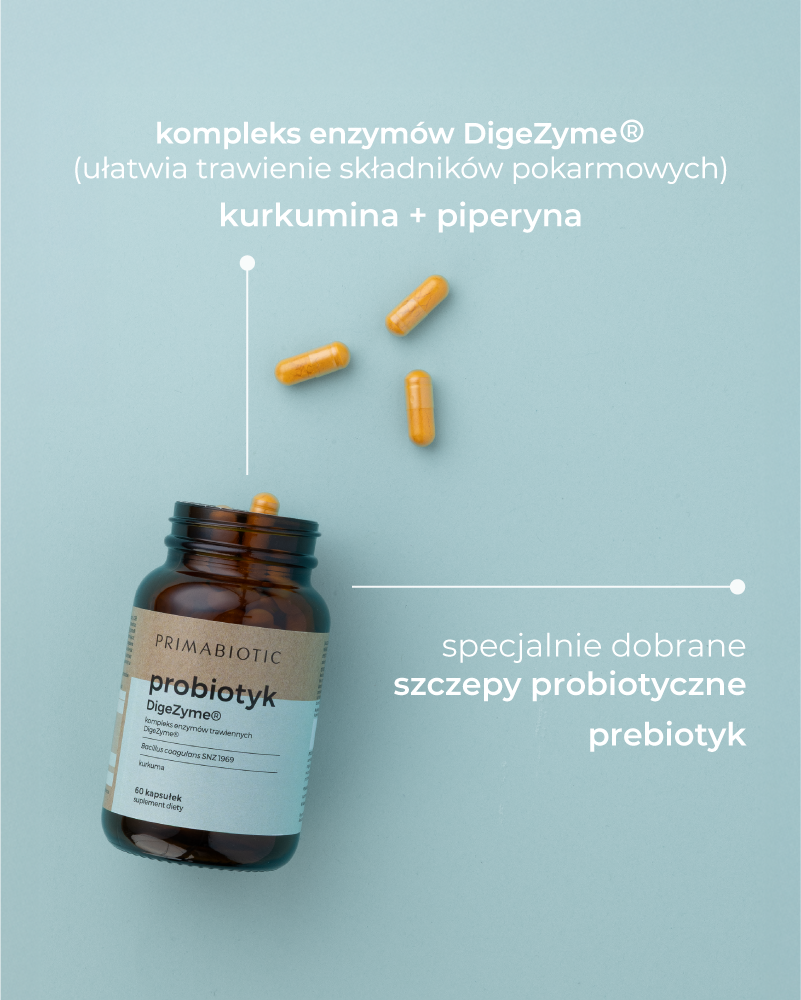 Probiotyk na jelita Primabiotic DigeZyme z enzymami trawiennymi, kurkuminą i prebiotykiem wspierający trawienie