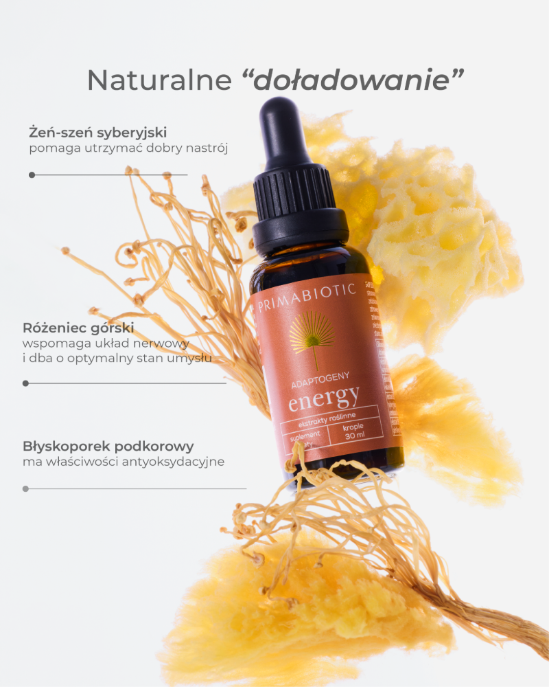 Infografika przedstawiająca skład adaptogenów w kroplach Primabiotc