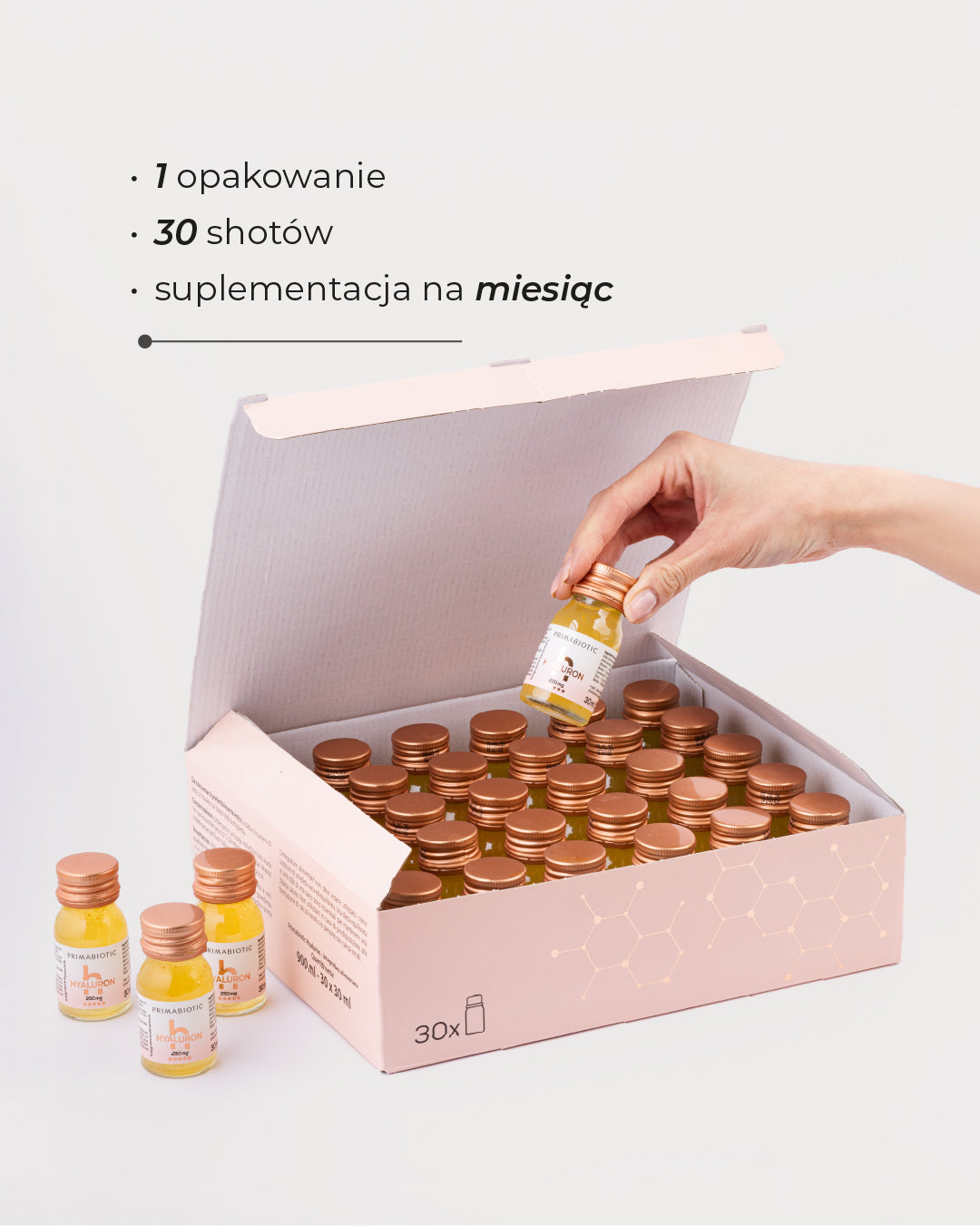 Opakowanie Primabiotic Hyaluron 30 shotów na miesiąc suplementacji kwasem hialuronowym do picia