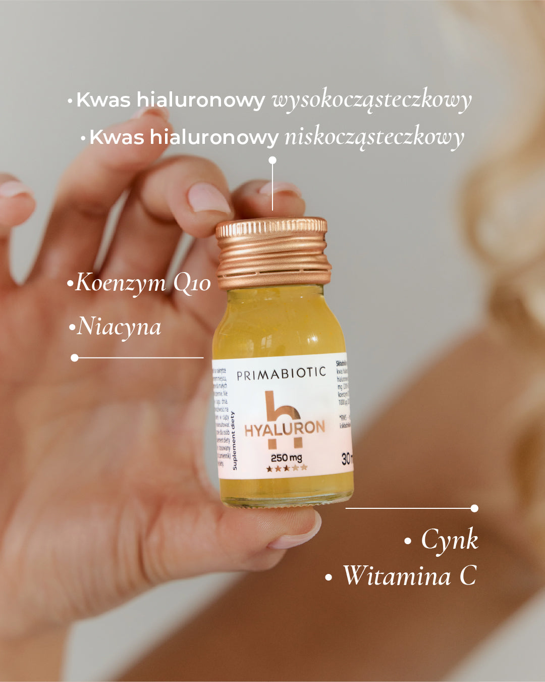 Primabiotic Hyaluron 250mg nisko i wysokocząsteczkowy kwas hialuronowy do picia z witaminą C, cynkiem, koenzymem Q10 i niacyną