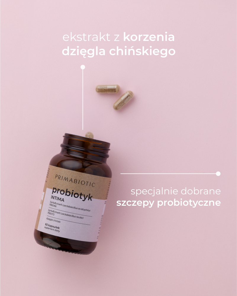 Probiotyk dla kobiet Primabiotic Intima z ekstraktem z korzenia dzięgla chińskiego wspierający zdrowie intymne kobiet