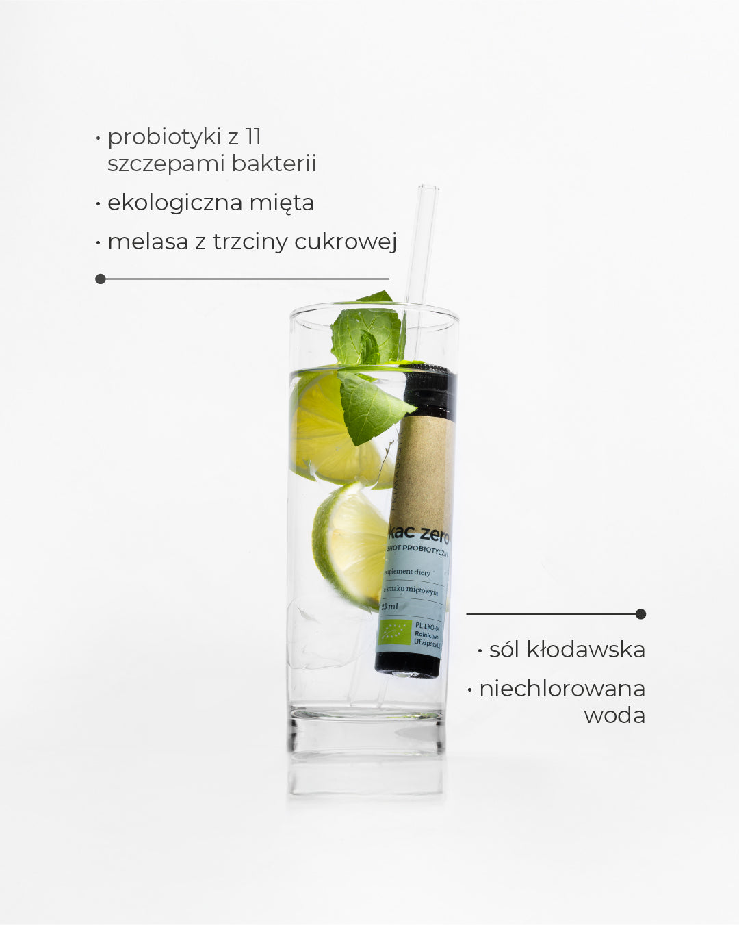 Shot probiotyczny Primabiotic Kac Zero z miętą, cytryną i 11 szczepami bakterii wspierający organizm po alkoholu