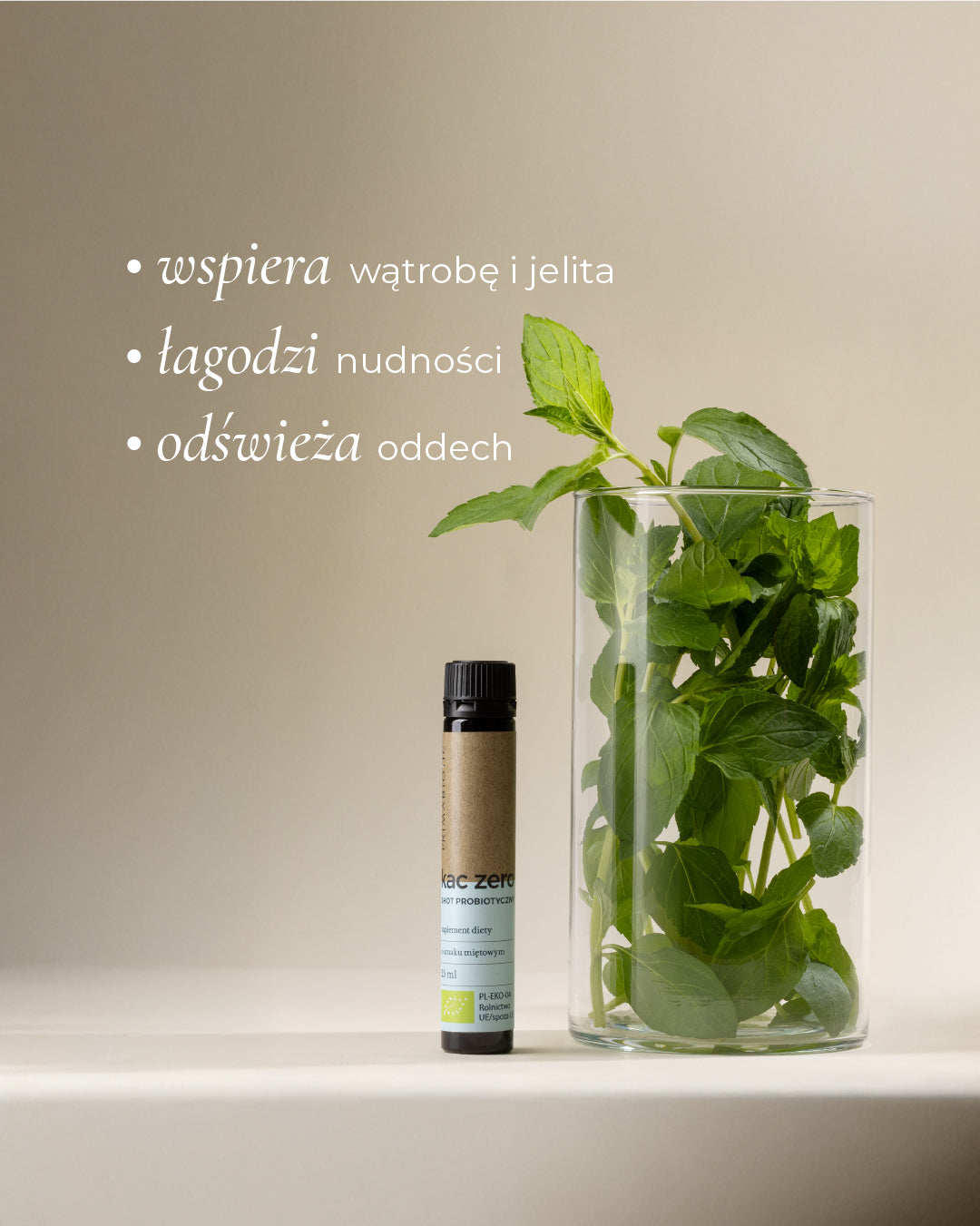 Shot probiotyczny Primabiotic Kac Zero wspierający wątrobę i jelita, łagodzący nudności i odświeżający oddech