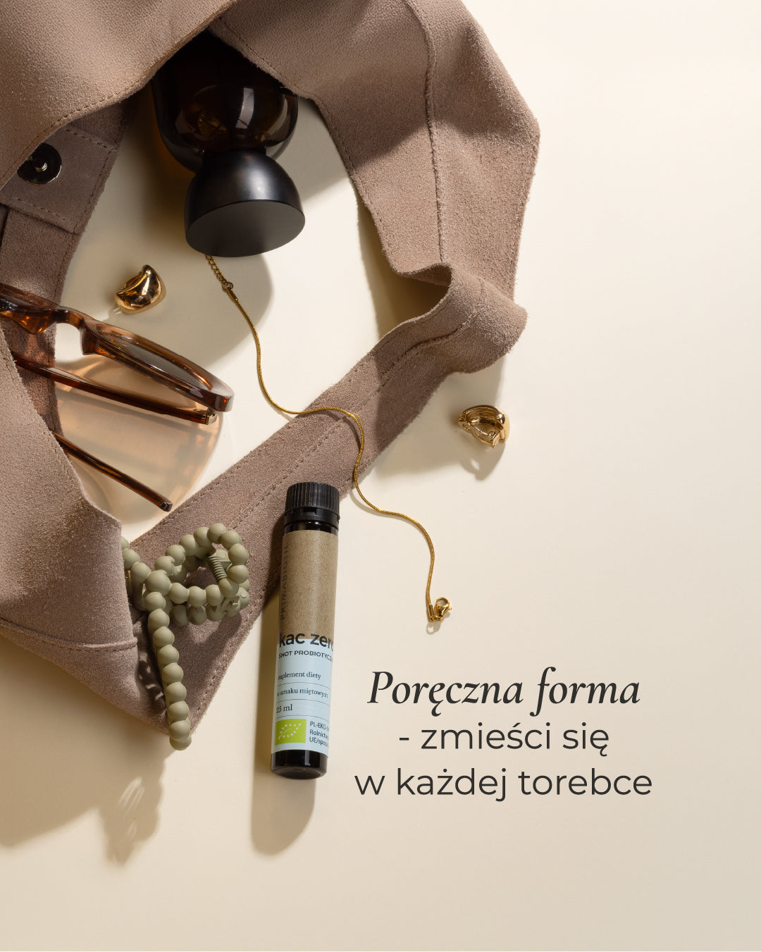 Shot probiotyczny Primabiotic Kac Zero w poręcznej buteleczce idealnej do torebki i codziennego stosowania