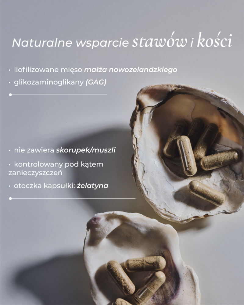 Infografika dotycząca zastosowania omułka zielonowargowego. Naturalne wsparcie stawów i kości.