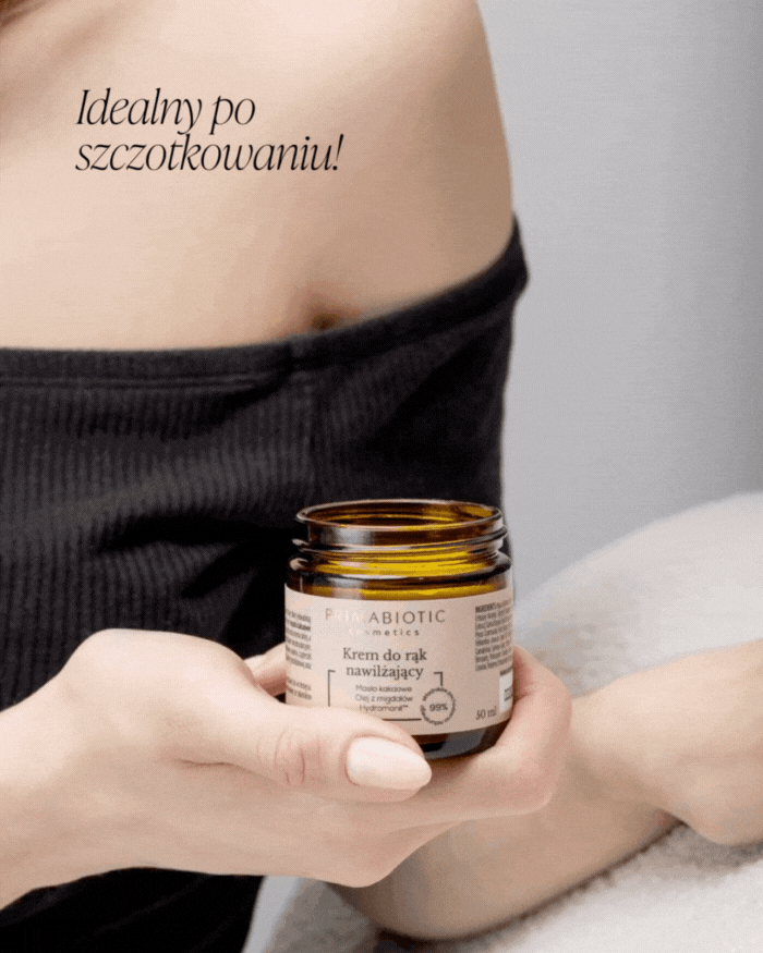 GIF - kobieta smaruje dłonie nawilżającym kremem Primabiotic. U góry napis: idealny po szczotkowaniu!