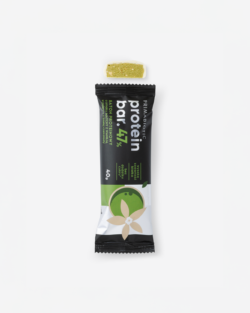 Baton proteinowy Primabiotic Protein Bar 47% zdrowa przekąska wysokobiałkowa o smaku matchy