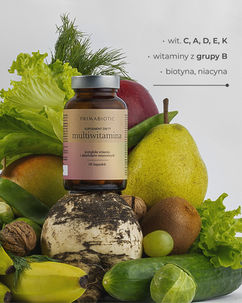 Multiwitamina Primabiotic na tle warzyw i owoców. Opis składu: wit. C, A, D, E, K, witaminy z gruy B, biotyna, niacyna.