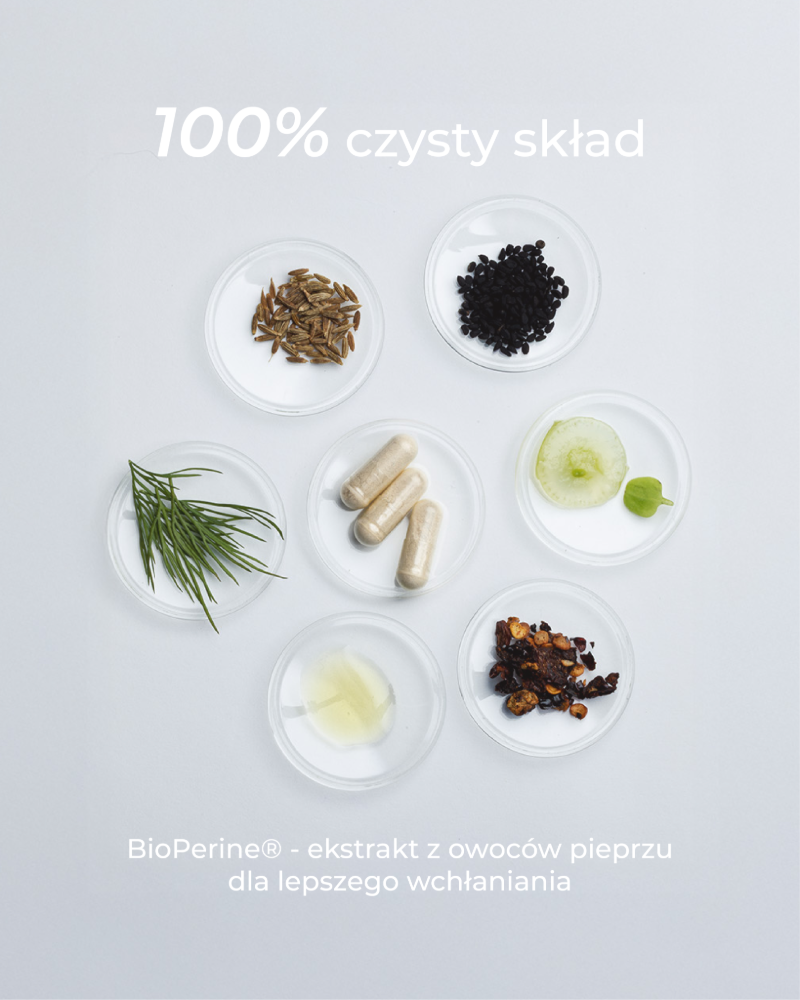 Multiwitamina primabiotic. Naturalne składniki ułożone w talerzykach na białym tle. Napis: 100% czysty skład.