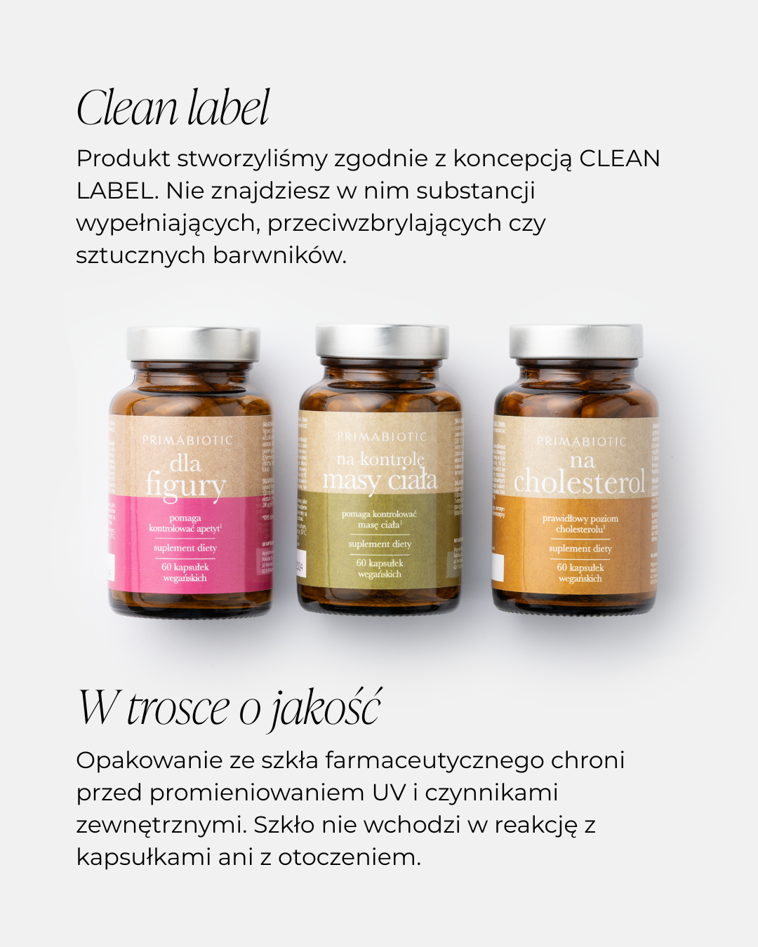 Suplementy Primabiotic na białym tle. Podpis: Clean label. W trosce o jakość.