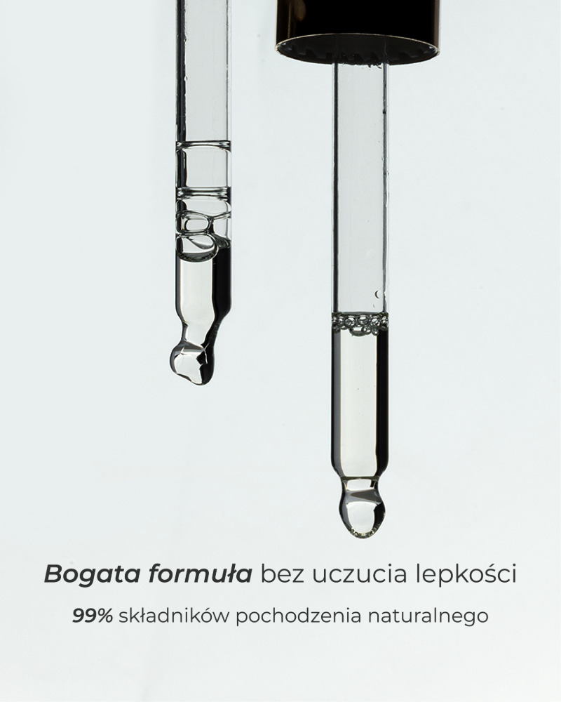 Pipeta z olejkiem do twarzy. Podpis: bogata formuła bez uczucia lepkości. 99% składników pochodzenia naturalnego.