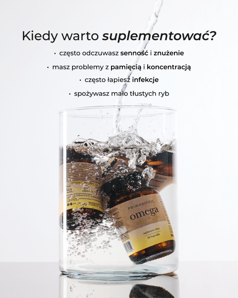Infografika: kiedy warto suplementować Omega z witaminą D3 od Primabiotic.