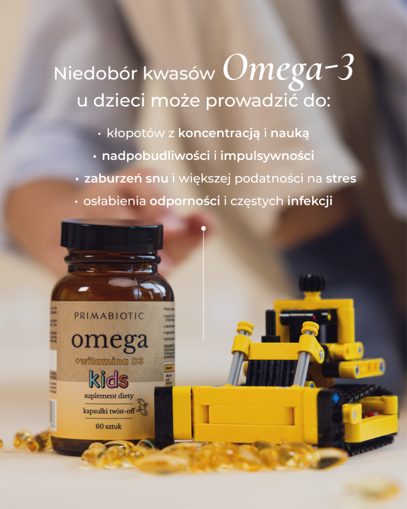 Opakowanie z tabletkami z Omega i witaminą D3 dla dzieci Primabiotic Kids. Napis: Niedobór kwasów omega-3 u dzieci może prowadzić do: kłopotów z koncentracją, nadpobudliwości, zaburzeń snu, osłabienia odporności. 