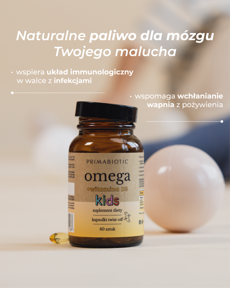 Suplement Omega + witamina D3 dla dzieci. U góry napis: naturalne paliwo dla mózgu Twojego malucha. 