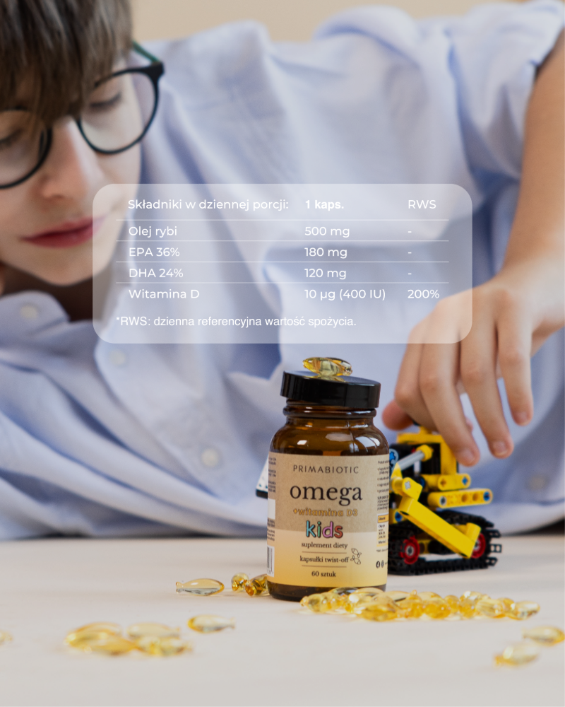 Składniki w dziennej porcji Omega + witamina D3 dla dzieci Primabiotic Kids