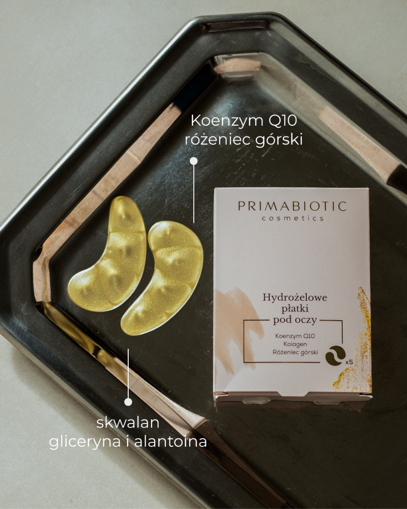 Hydrożelowe płatki pod oczy Primabiotic z koenzymem q10, różeńcem górskim, gliceryną i alantoiną