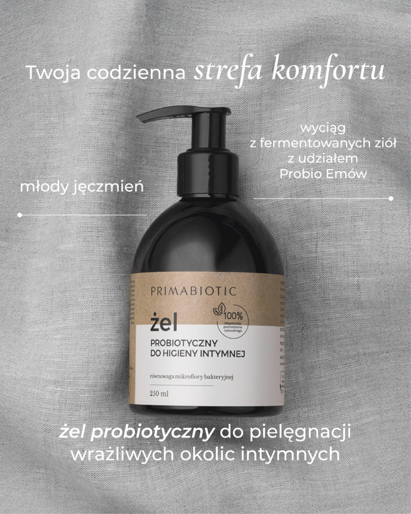 Żel do higieny intymnej Primabiotic. Podpisane składniki: młody jęczmień, wyciąg z fermentowanych ziół z udziałem Probio Emów.
