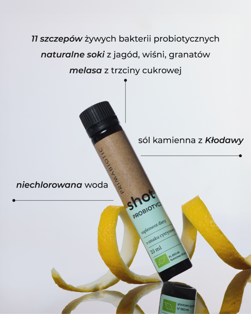 Shot probiotyczny Primabiotic o smaku cytrynowym 25 ml z 11 szczepami bakterii i naturalnymi składnikami