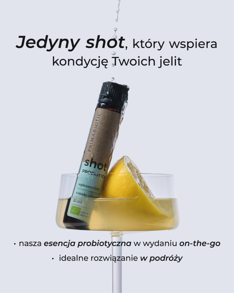 Shot probiotyczny Primabiotic o smaku cytrynowym wspierający kondycję jelit w wygodnej formie on-the-go