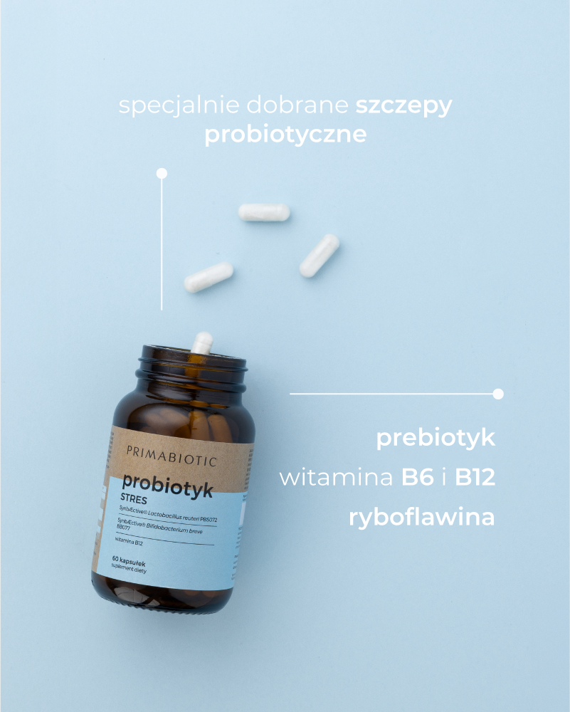 Probiotyk na stres Primabiotic z prebiotykiem, witaminą B6, B12 i ryboflawiną wspierający układ nerwowy