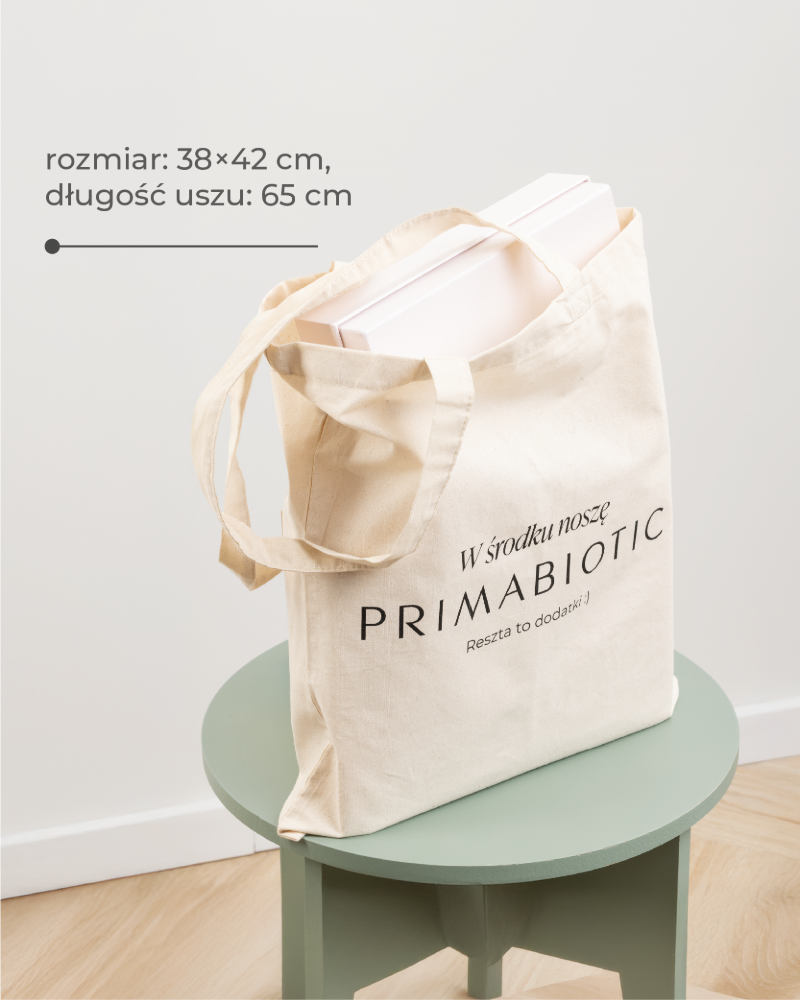 Torba bawełniana Primabiotic o wymiarach 38x42 cm z długimi uchwytami 65 cm, wypełniona pudełkami