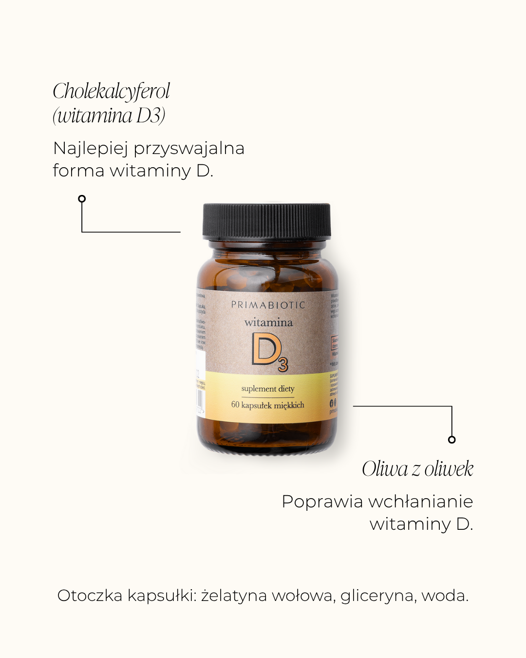 Witamina D3 Primabiotic w kapsułkach z cholekalcyferolem i oliwą z oliwek wspierającą wchłanianie