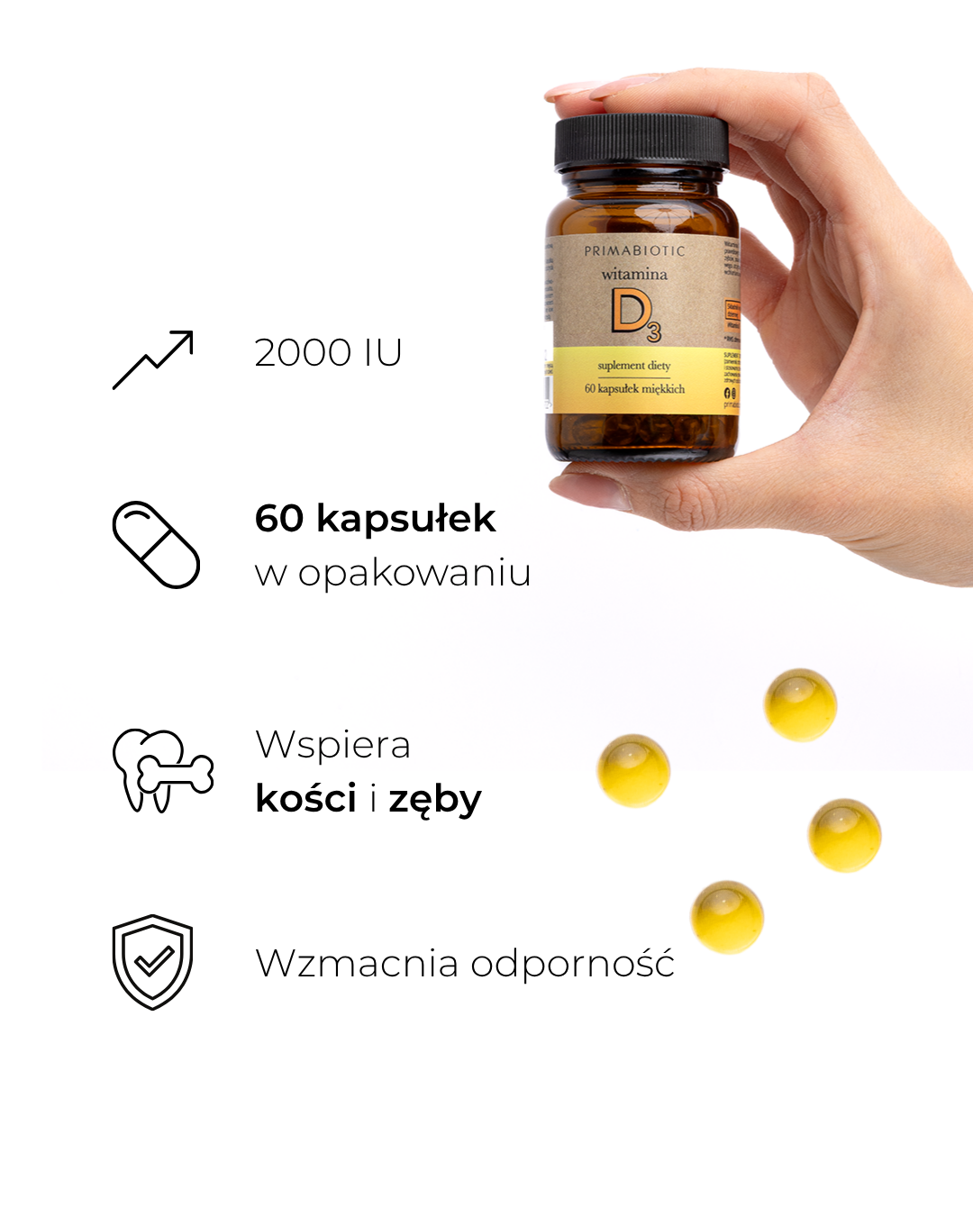 Primabiotic Witamina D3 2000 IU 60 kapsułek, wspierająca kości o zęby oraz wzmacniająca odporność