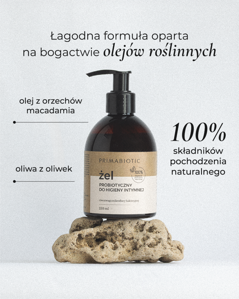 Żel do higieny intymnej Primabiotic na jasnym tle. Podpisane oleje roślinne - naturalne składniki: olej z orzechów macadamia, oliwa z oliwek. 